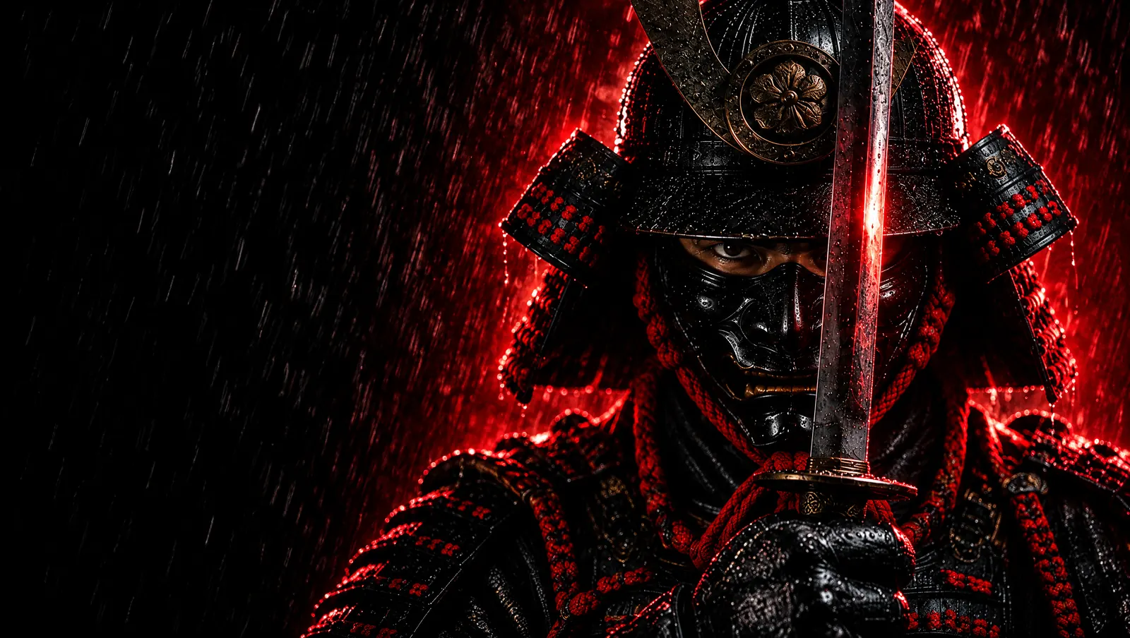 Personaje de Kevin: samurái con armadura lacada negra, cordones rojos y katana bajo la lluvia roja