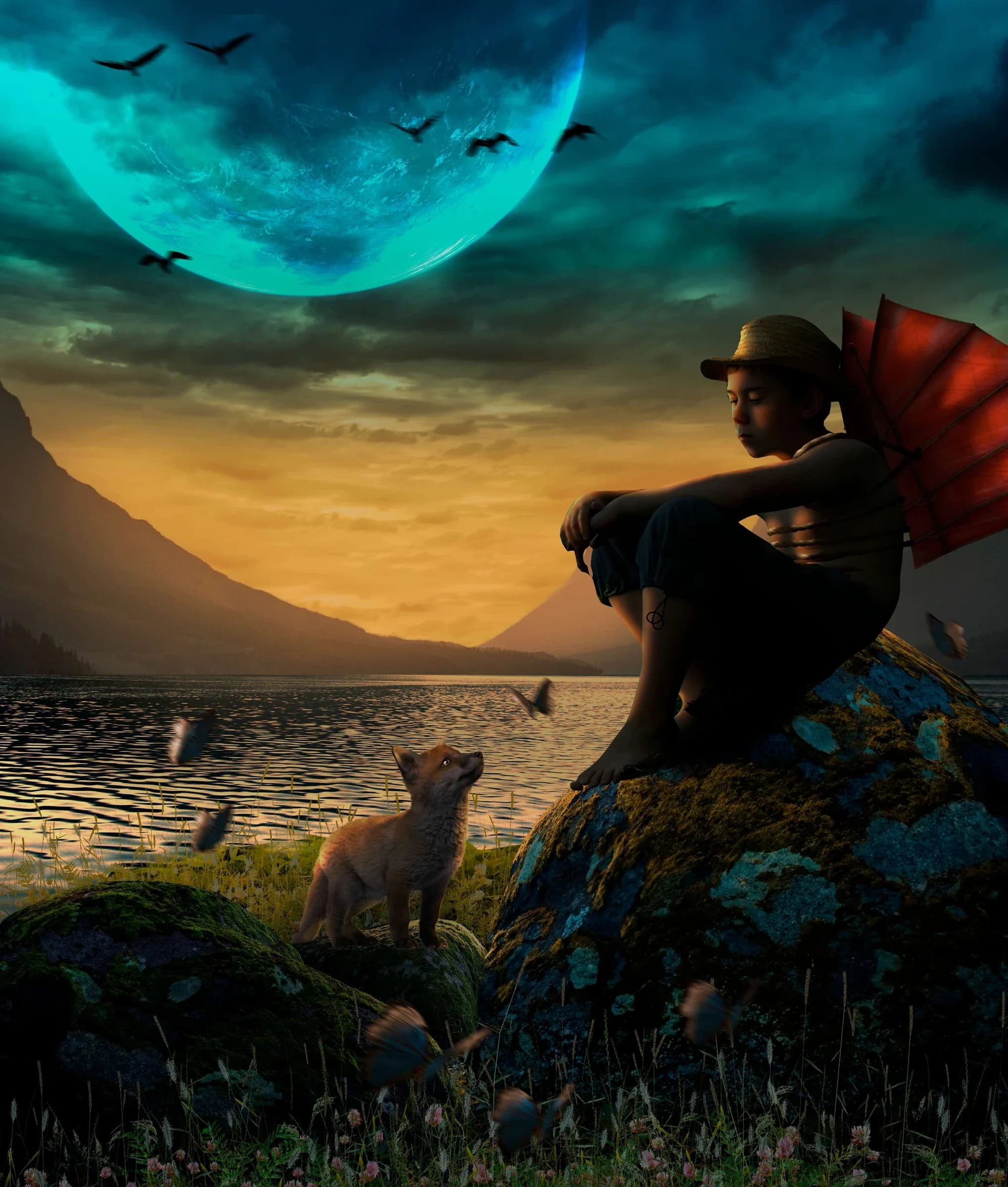 Composición: niño con alas sentado en una roca frente a un lago bajo una luna turquesa