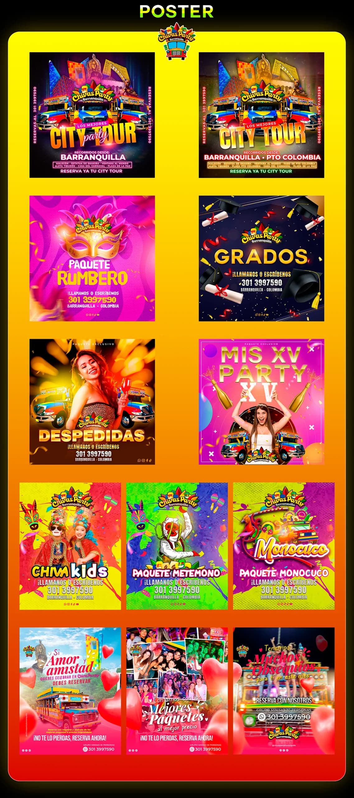 Lámina con 12 posters de Chivas Party Barranquilla: city tours, paquete rumbero, grados, despedidas, XV años, Chiva Kids, paquetes Metemono y Monocuco y promociones de Amor y Amistad