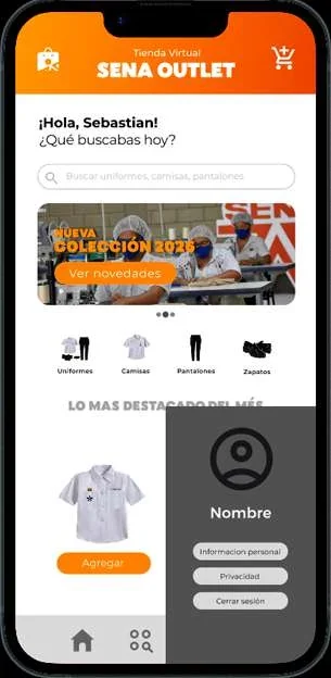 App SENA Outlet: inicio con el menú de perfil abierto
