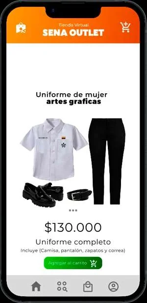App SENA Outlet: detalle de un uniforme con precio