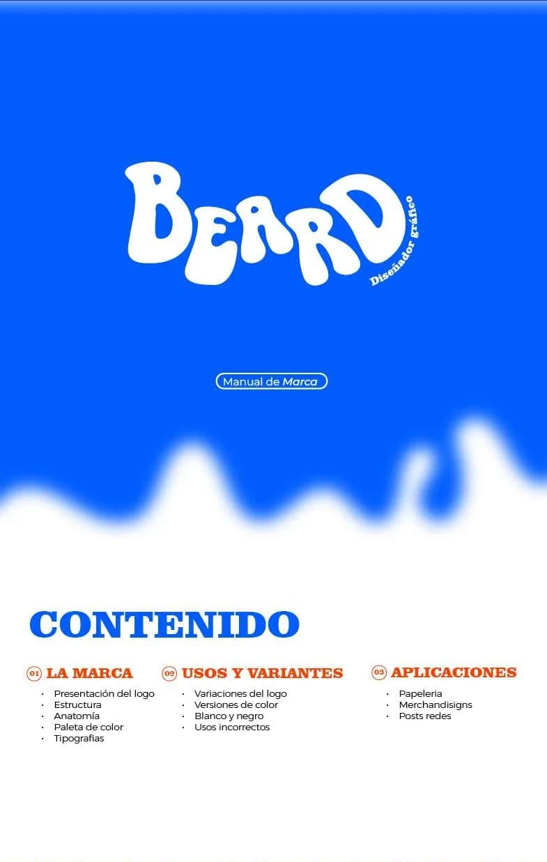 Portada del manual de marca Beard y su índice de contenido