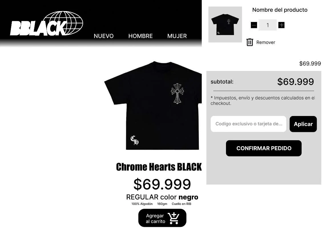 Tienda web BBLACK: detalle de producto con resumen del pedido