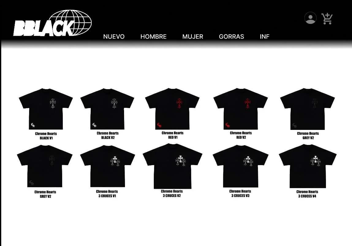 Tienda web BBLACK: cuadrícula de productos