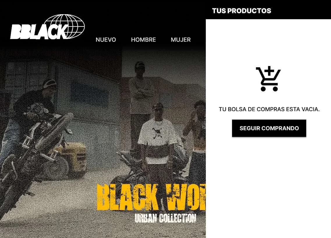 Tienda web BBLACK: inicio con la bolsa de compras abierta
