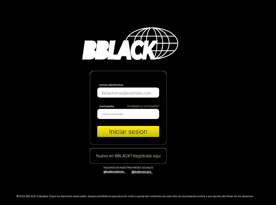 Tienda web BBLACK: pantalla de inicio de sesión
