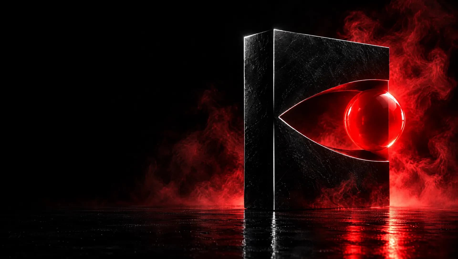 Monolito negro con la K del logo y una esfera roja entre humo rojo