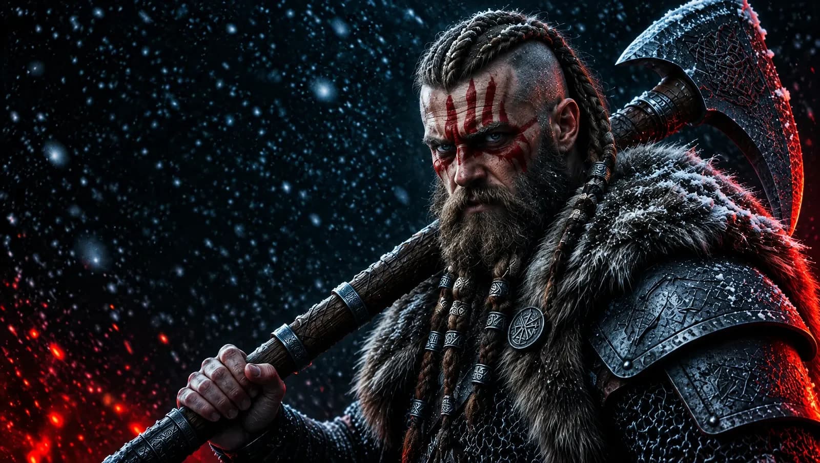 Personaje de Sebastián: vikingo de barba trenzada con pintura de guerra roja, pieles y hacha
