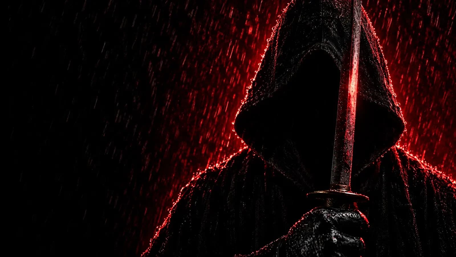 Silueta encapuchada de Kevin con una katana bajo una lluvia roja